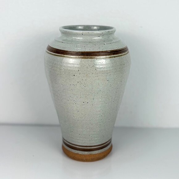 Handcrafted Gray Ceramic Vase Blue Iris Floral Design Brown Accents 9.5" #'d - Picture 5 of 7